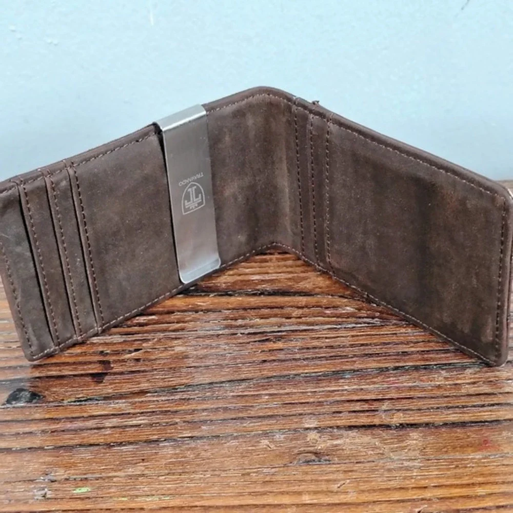 Travando Mens Leather Bifold Wallet with‎ Money Clip Brown Slim Card Holder Logo